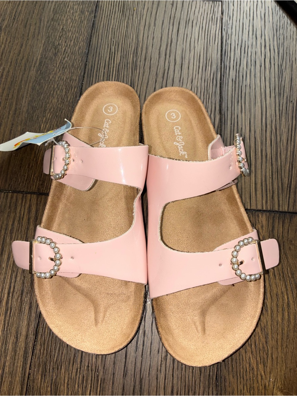 Cat & Jack Pink Double-Strap Slide Sandals with Pearl Buckles